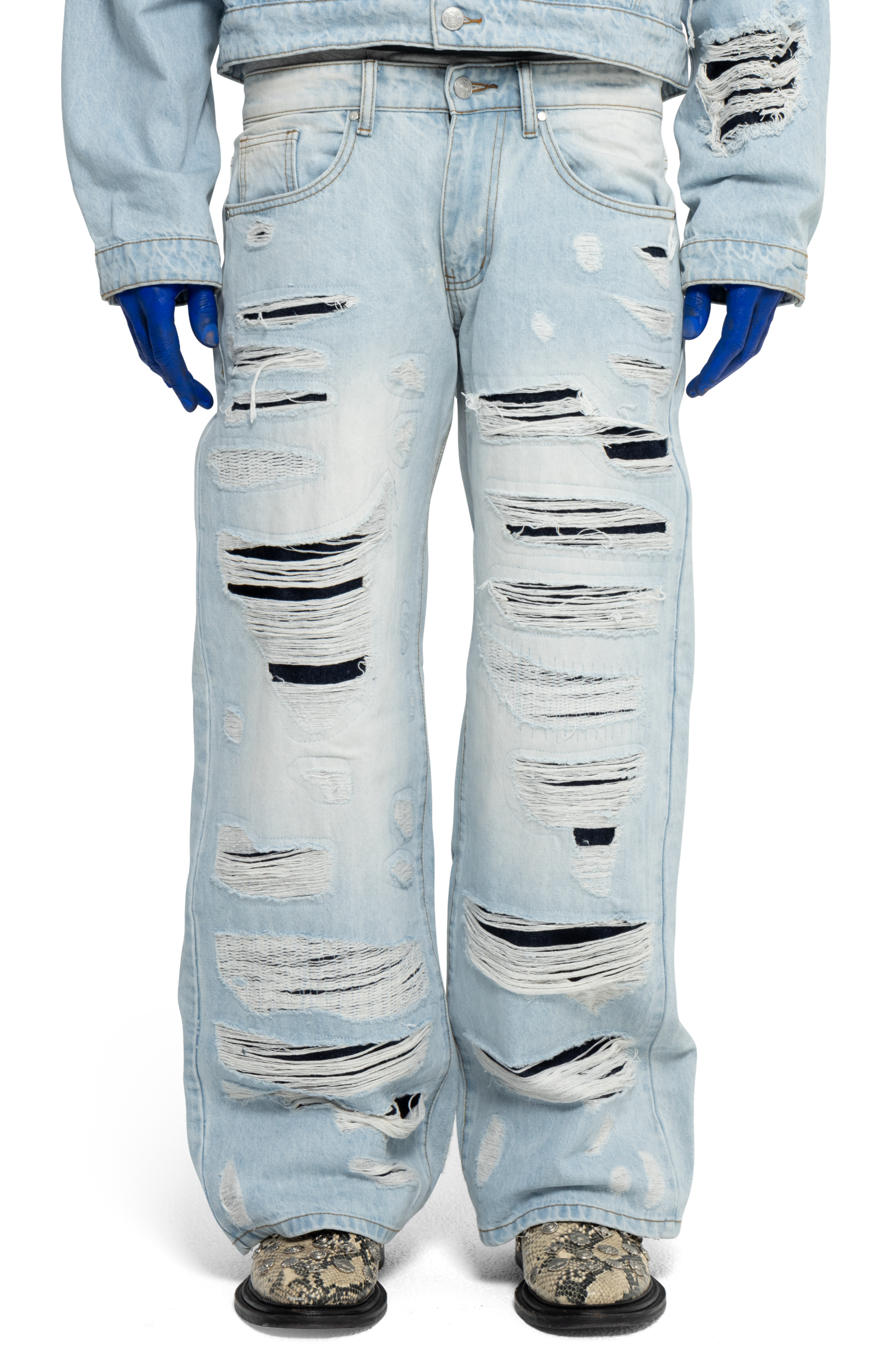 DISTRESSED DOUBLE DENIM PANTS